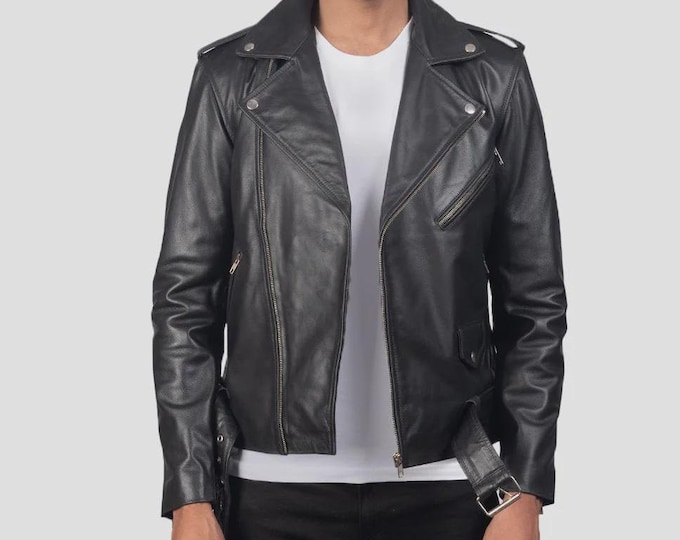 Men's Black Lambskin Perfecto Biker Jacket – Classic Rock Moto Coat, Gift for Him