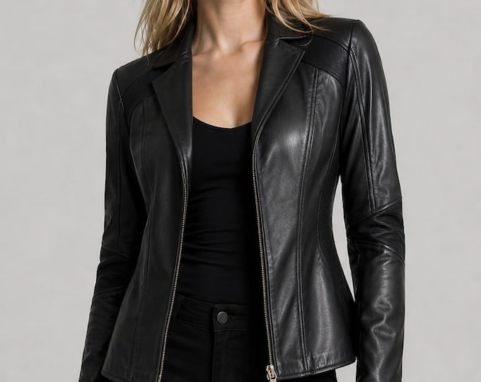 Women's Black Leather Riding Jacket – Slim Fit Fashion Biker Coat, Handmade Gift for Her