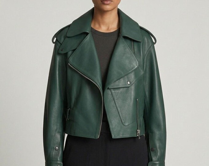 TITLE: Women's Green Real Leather Biker Jacket – Slim Fit Motorcycle Cafe Racer Coat