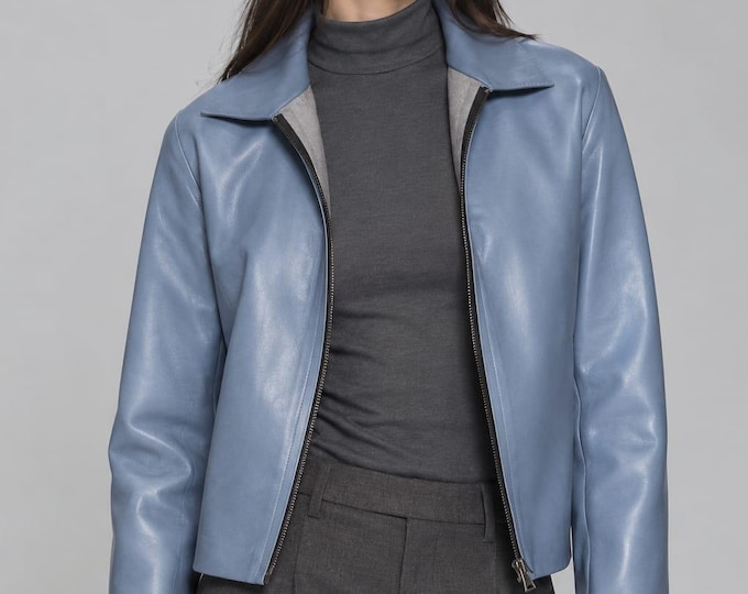 Women's Blue Real Leather Harrington Jacket – Slim Fit Minimalist Moto Outerwear