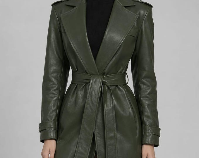 Women's Green Lambskin Leather Trench Coat – Slim Fit Genuine Handmade Long Outerwear