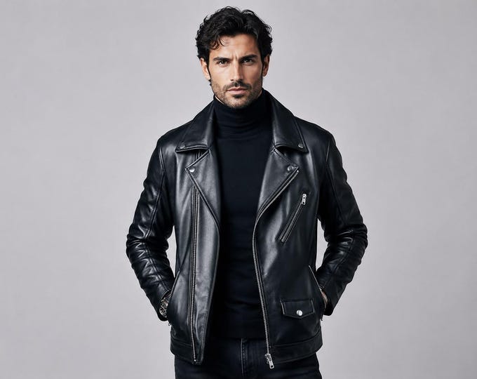Men's Black Lambskin Biker Jacket – Glossy Asymmetric Moto Rider Coat, Gift for Him