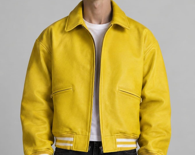 Men's Yellow Sheepskin Leather Varsity Jacket – Striped Rib Retro Bomber, Gift for Him