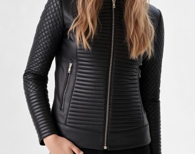 Women's Black Quilted Leather Biker Jacket – Band Collar Moto Coat, Gift for Her