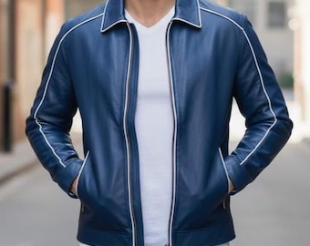 Herren-Collegejacke aus blauem Echtleder, schmale Passform, handgefertigt, klassische Oberbekleidung