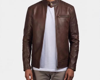 Handmade Brown Lambskin Leather Biker Jacket | Vintage Motorcycle Style