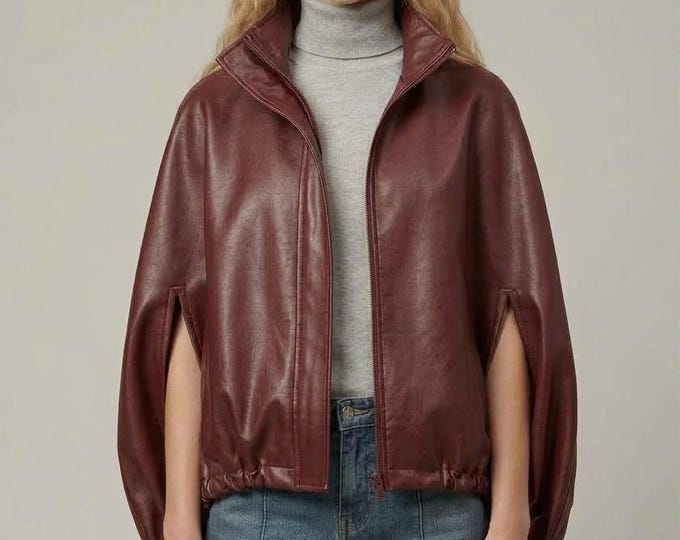 Women's Maroon Real Leather Cape Jacket – Oversized Fit Sculptural Statement Outerwear