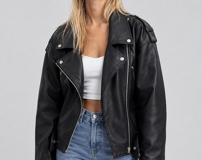 Women's Black Lambskin Leather Biker Jacket – Classic Asymmetric Zip Moto Coat, Gift for Her