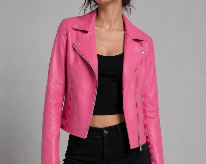 Women's Hot Pink Lambskin Biker Jacket – Cropped Asymmetric Moto, Gift for Her