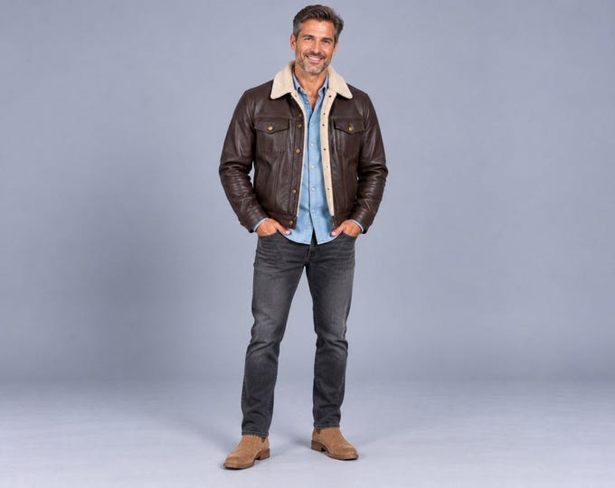 Men's Brown Leather Trucker Jacket, Faux Fur Lined Sherpa Collar Lambskin Winter Jacket