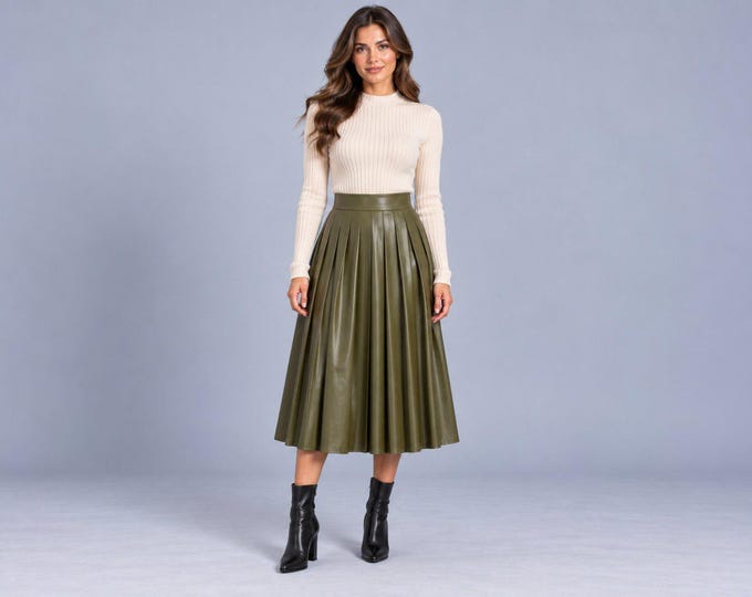 Women's Olive Leather Pleated Midi Skirt, High Waist Lambskin Skirt, Gift for Her