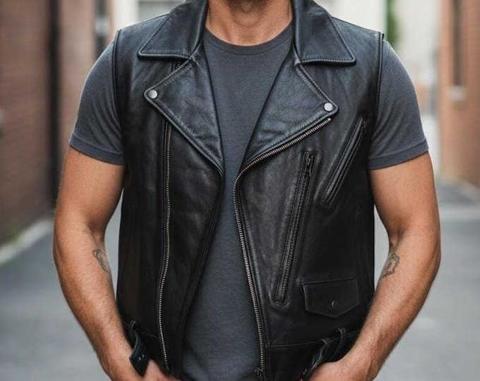 Men's Black Leather Lapel Biker Vest – Sleeveless Moto Jacket Waistcoat, Gift for Him