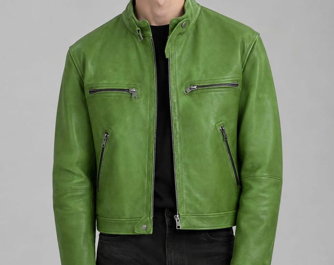 Men's Green Leather Biker Jacket – Stand Collar Zip Pocket Racer Coat, Gift for Him