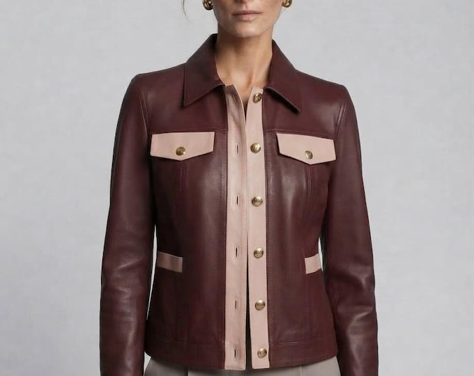 Women's Maroon Real Leather Trucker Jacket – Slim Fit Two Tone Vintage Outerwear