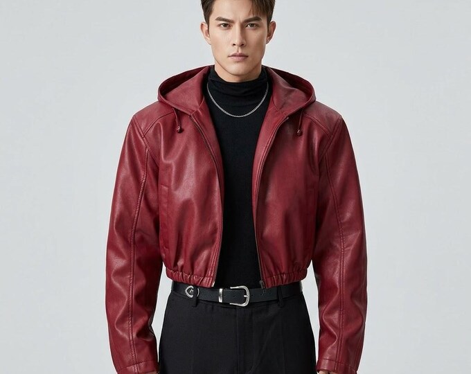 Men's Maroon Leather Hooded Bomber Jacket – Cropped Burgundy Hoodie Coat, Gift for Him