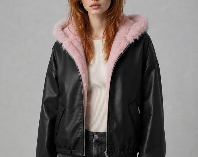 Women's Black Leather Hooded Bomber Jacket – Pink Fur Lined Winter Coat, Gift for Her