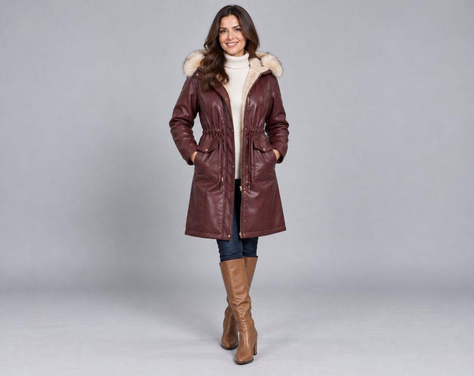 Women's Burgundy Leather Parka, Faux Fur Hood Lambskin Winter Coat, Hooded Jacket