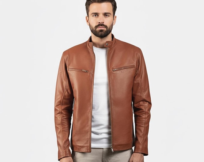 Men's Cognac Brown Lambskin Cafe Racer Jacket – Snap Collar Moto Coat, Gift for Him