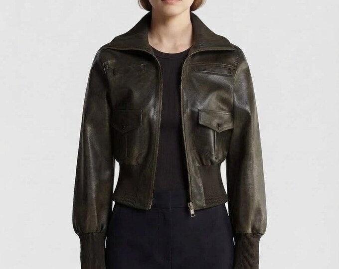 Women's Olive Leather Cropped Bomber Jacket – Vintage Utility Pocket Coat, Gift for Her