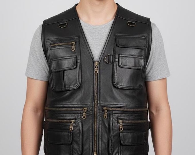 Men's Black Leather Utility Vest – Multi Pocket Hunting Waistcoat, Sleeveless Gift for Him