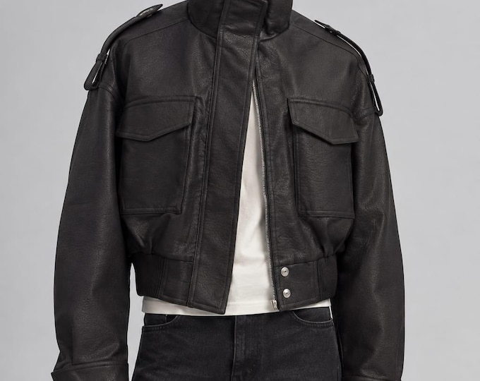 Men's Black Lambskin Leather Bomber Jacket – Cropped Stand Collar Coat, Gift for Him