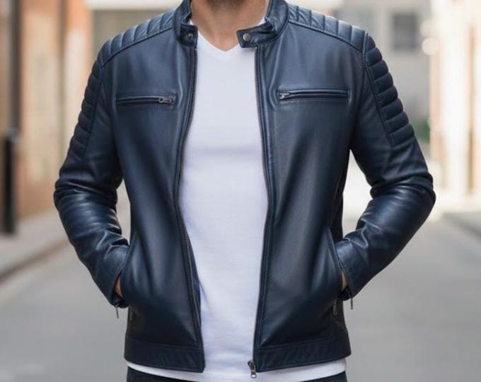 Men's Blue Leather Biker Jacket – Genuine Motorcycle Coat, Handmade Gift for Him