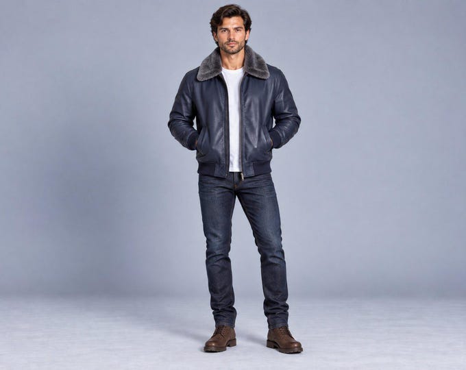Men's Navy Leather Bomber Jacket, Faux Fur Collar Winter Coat, Gift for Him