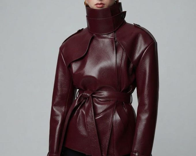 Women's Maroon Lambskin Leather Trench Coat – Slim Fit Genuine Handmade Belted Outerwear