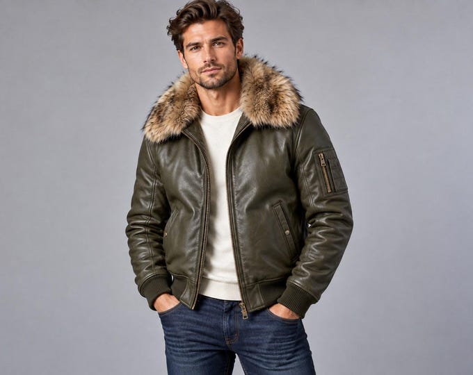 Men's Olive Green Leather Bomber Jacket, Faux Fur Collar Winter Coat