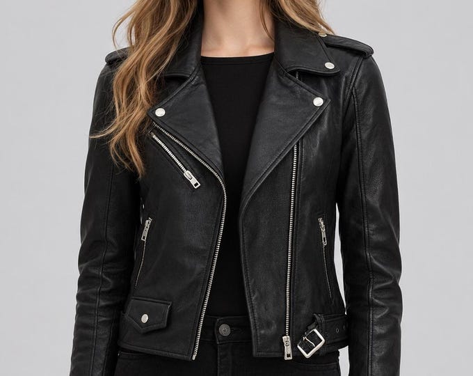 Women's Black Lambskin Leather Biker Jacket – Slim Fit Genuine Handmade Motorcycle Coat