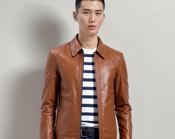 Men's Cognac Brown Lambskin Leather Jacket – Classic Collar Zip Coat, Gift for Him
