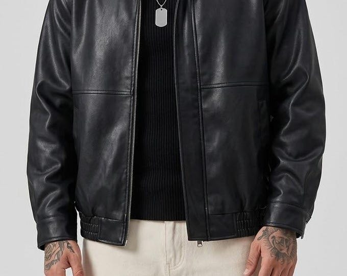 Men's Black Leather Biker Jacket – Pointed Collar Cafe Racer Moto Coat, Gift for Him
