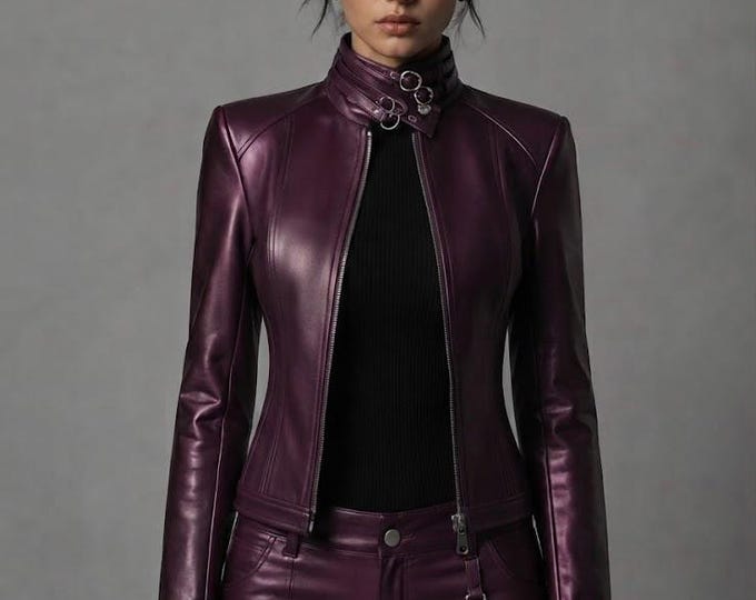 Women's Dark Maroon Leather Biker Jacket – Glossy High Neck Moto Coat, Gift for Her