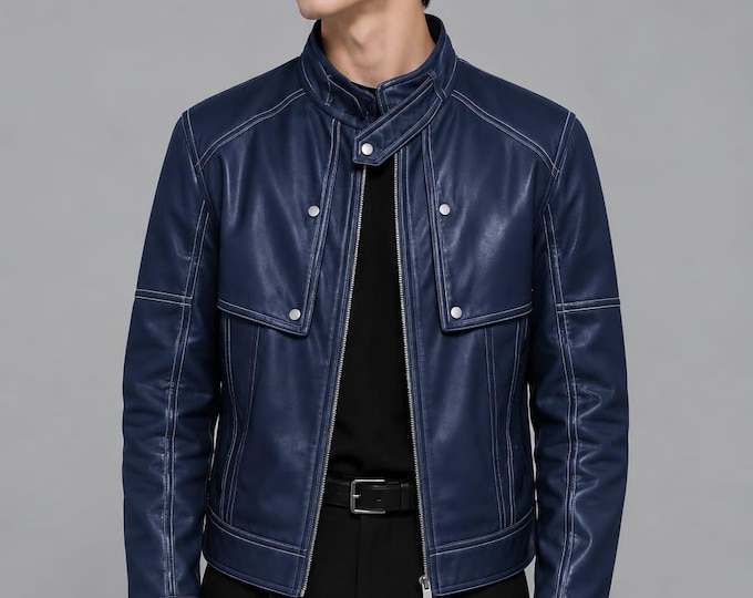 Men's Blue Genuine Leather Moto Jacket – Slim Fit Motorcycle Riding Coat Outerwear