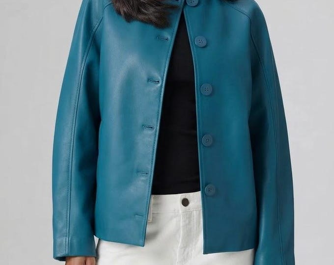 Women's Blue Nappa Leather Coat – Slim Fit Genuine Handmade Buttoned Outerwear