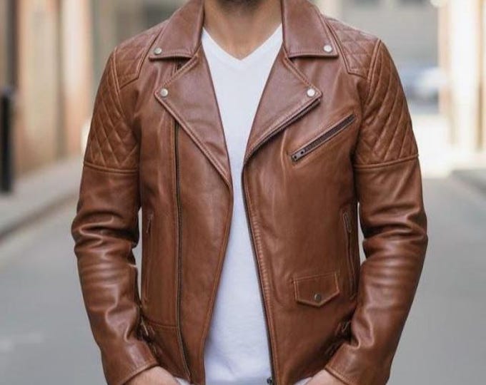 Men's Brown Quilted Leather Biker Jacket – Vintage Motorcycle Coat, Handmade Gift for Him