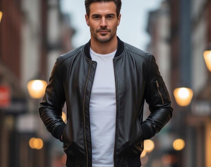 Men's Black Lambskin Leather Bomber Jacket – Slim Fit Cafe Racer, Gift for Him
