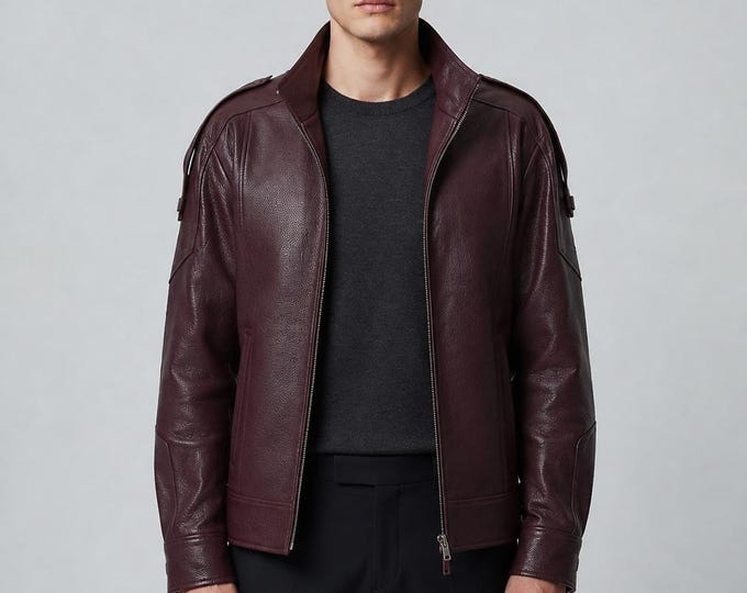 Men's Maroon Leather Moto Jacket – High Stand Collar Racer Coat, Handmade Gift for Him