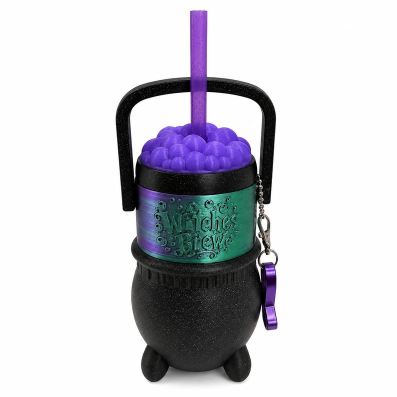 May include: A black cauldron-shaped tumbler with a glittery finish, featuring a metallic green and purple band embossed with the text Witches Brew. It includes a purple lid with bubble textures, a purple straw, a black handle, and a purple charm.