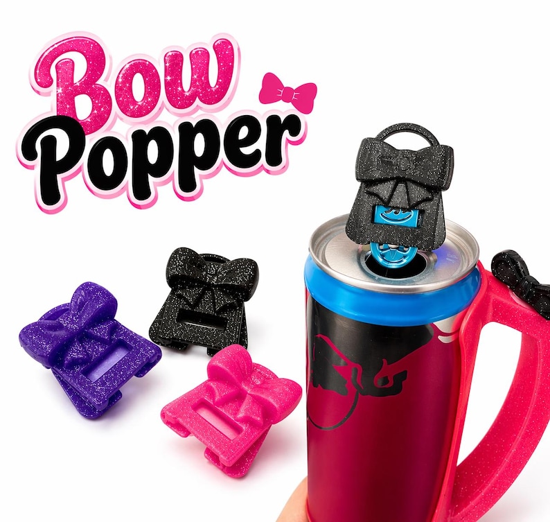 May include: The image shows a Bow Popper, a bow-shaped can opener, in black, purple, and pink. The Bow Popper is on top of a red and black can with a blue rim. The text "Bow Popper" is in pink and black.