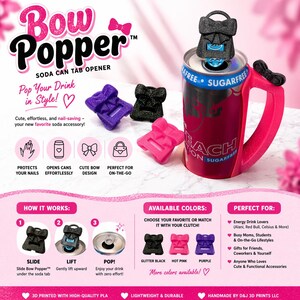 May include: A pink soda can with a handle and a black bow-shaped can tab opener. The image also shows three additional bow-shaped openers in purple, black, and pink. Text on the can reads "Peach Edition Sugarfree". The product is described as a cute and nail-saving soda accessory.