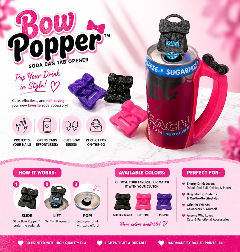 May include: A pink soda can with a handle and a black bow-shaped can tab opener. The image also shows three additional bow-shaped openers in purple, black, and pink. Text on the can reads "Peach Edition Sugarfree". The product is described as a cute and nail-saving soda accessory.