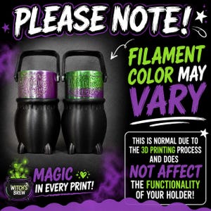 May include: Two black cauldron-shaped holders with handles. One has a metallic purple rim and the other a metallic green rim, both embossed with the text Witches Brew. Text on the image states: PLEASE NOTE! FILAMENT COLOR MAY VARY. MAGIC IN EVERY PRINT!