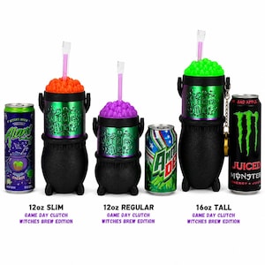 May include: Three black cauldron-shaped can coolers labeled Witches Brew with iridescent bands. The 12oz slim, 12oz regular, and 16oz tall sizes are shown with matching energy drink cans, featuring orange, purple, and green textured foam toppers.
