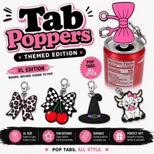 以下が含まれることがあります： Tab Poppers XL Editionの缶タブオープナーコレクション。ピンクのリボン、ヒョウ柄のリボン、チェリーとチェック柄のリボン、黒い魔女の帽子、ピンクのリボンをつけた白いハイランド牛など、様々なデザインが揃っています。