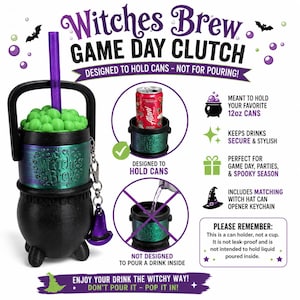 May include: A black cauldron-shaped can holder with a green metallic band embossed with Witches Brew. It features a purple straw, a matching witch hat keychain, and text explaining it is designed to hold 12oz cans, not for pouring liquid.