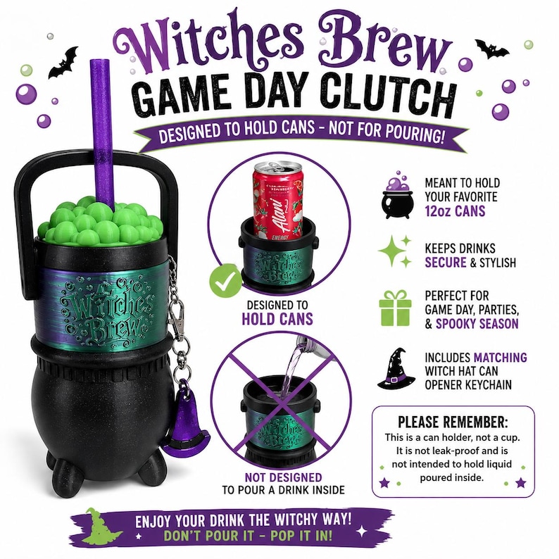 May include: A black cauldron-shaped can holder with a green metallic band embossed with Witches Brew. It features a purple straw, a matching witch hat keychain, and text explaining it is designed to hold 12oz cans, not for pouring liquid.