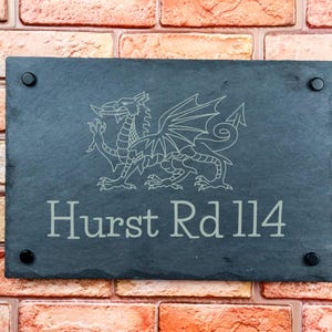 Rustic slate house sign farmhouse plaque door number with Welsh dragon Laser engraved house number house number sign made of slate stone