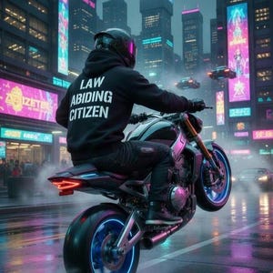 Può includere: Una persona in moto che fa un'impennata su una strada cittadina bagnata di notte. La moto ha luci al neon blu sulle ruote. La persona indossa una felpa con cappuccio nera con la scritta "LAW ABIDING CITIZEN" sulla schiena.