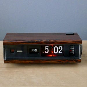 Vintage Copal Flip Alarm Clock - Classy Woodgrain, Mad Men Show, Warm Backlit Display,